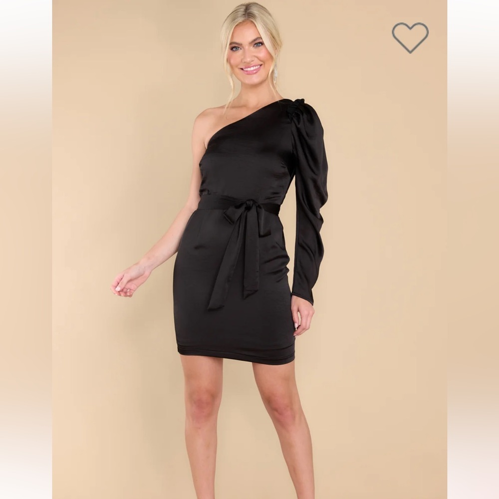 Aakaa Black One-Shoulder Satin Mini Dress with Waist Tie